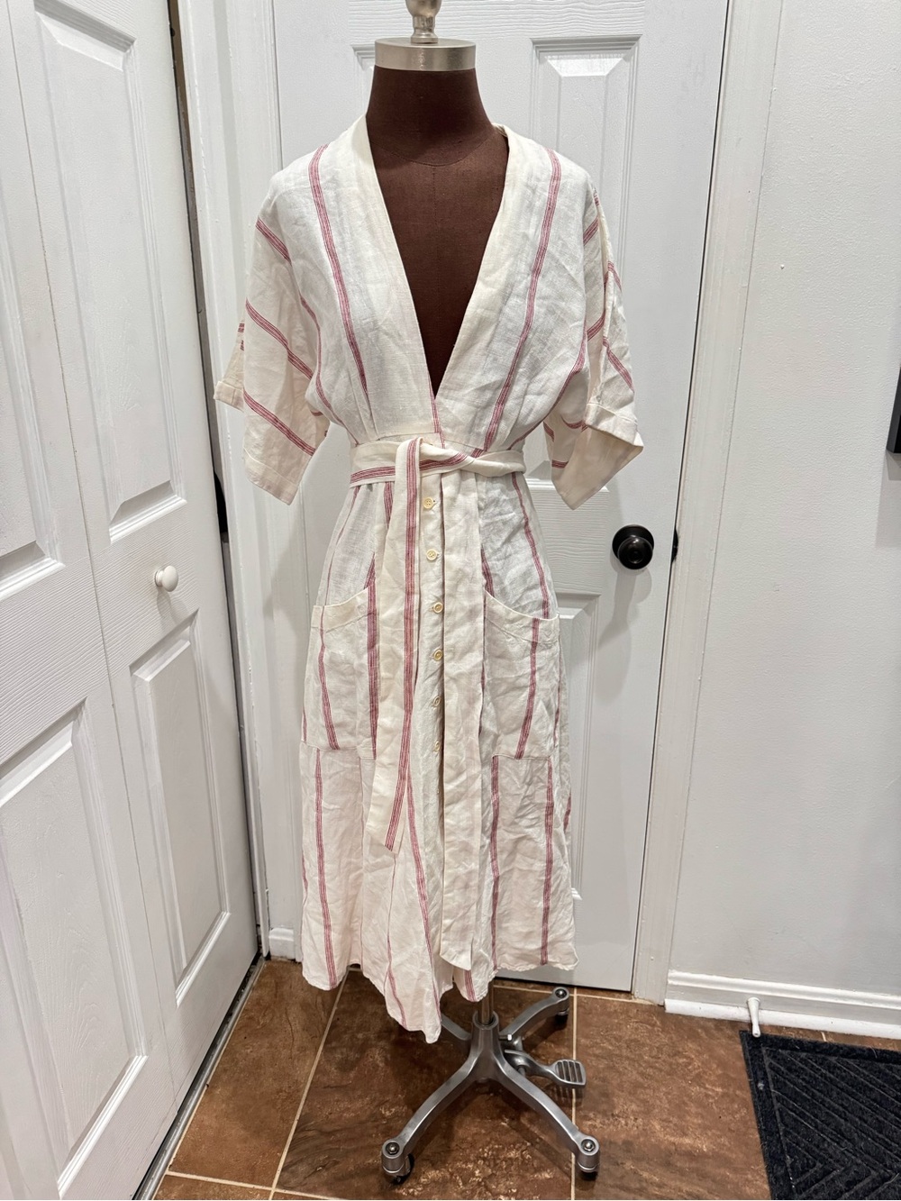 Reformation White Linen Midi Dress with Red Stripes Sz 4